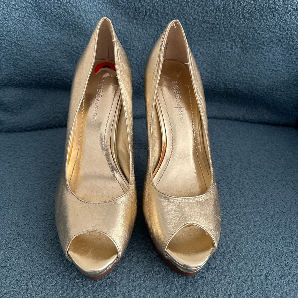 BCBG Gold Peep-Toe Heels